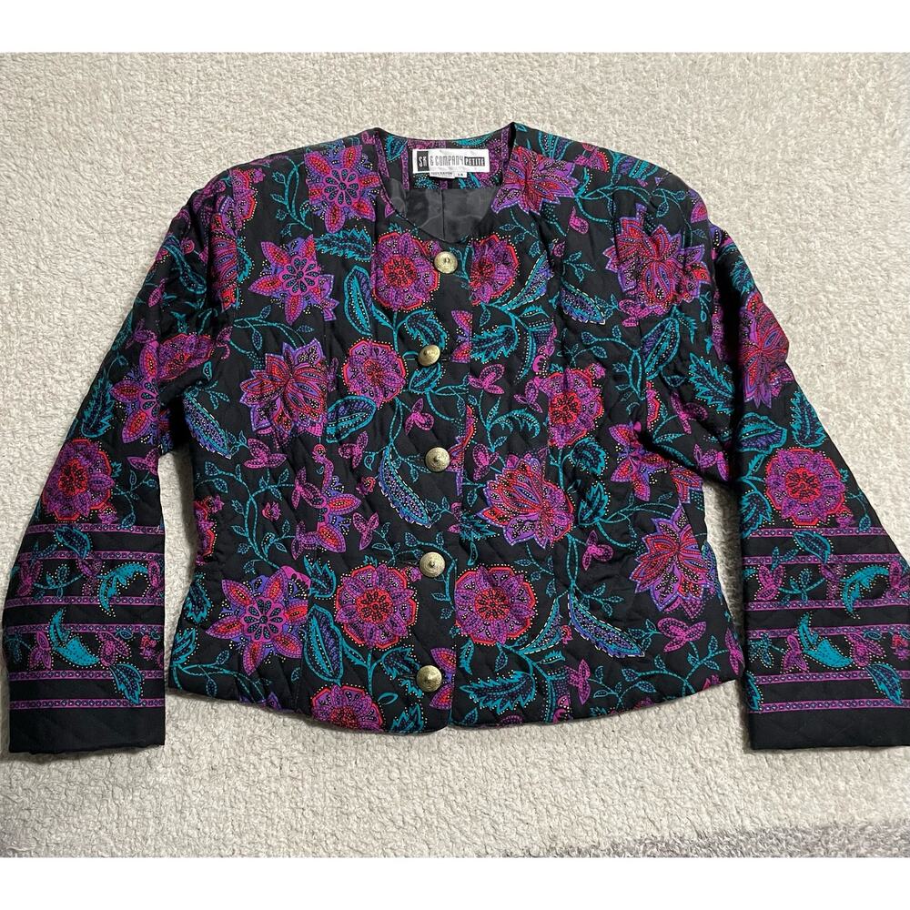 VTG SK & Company Womens 14P Petite Long Sleeve Floral Button Up Blazer Black